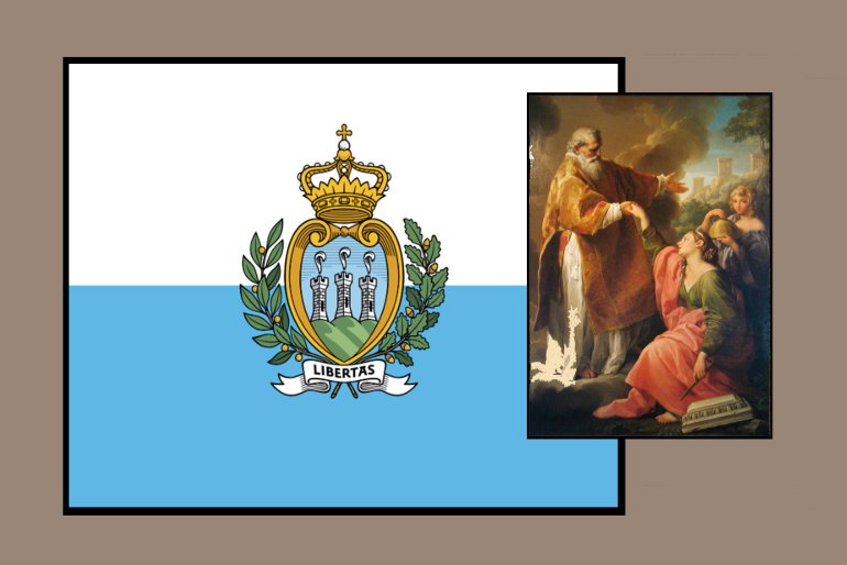 Bandeira de San Marino e representação de seu fundador, São Marinho