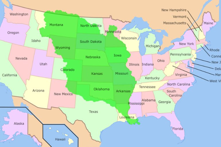 Imensa área da colônia francesa na América do Norte, a Nova França, assinalada em verde, comprada pelos Estados Unidos em 1804