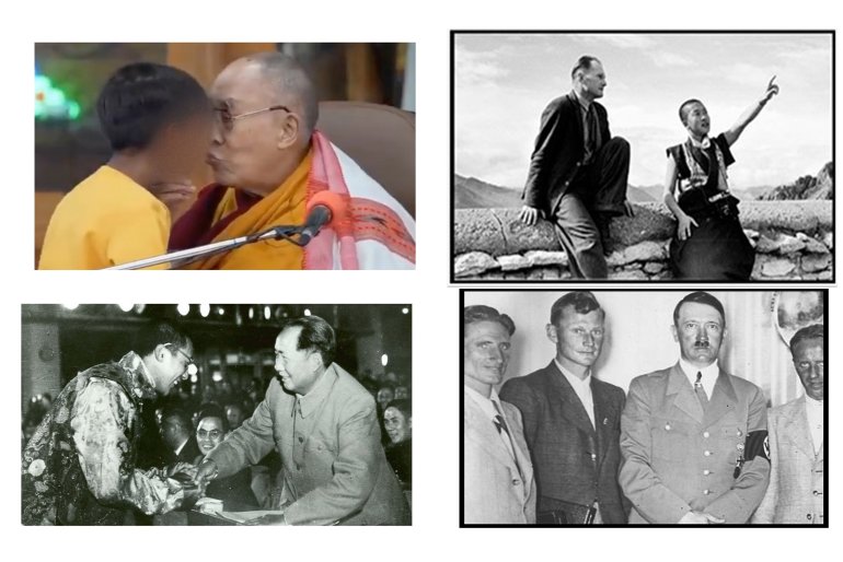Em sentido horário: Dalai Lama com o garoto, 2023; com o mentor Harrer, em momento dos sete anos no Tibete, Harrer com Hitler, em 1938; Dalai Lama com Mao, em 1954