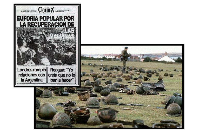 O patriotarismo, mito e realidade: militares argentinos saudados como heróis pela invasão ao arquipélago Falklands/Malvinas; e milhares de capacetes abandonados pelas forças armadas argentinas no solo