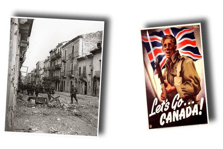 Cidade de Ortona depois dos combates e cartaz de convocação dos canadenses à guerra