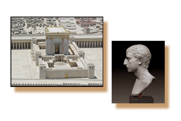 Maquete de como teria sido o Segundo Templo e busto romano supostamente sendo de Flávio Josefo (Yosef ben Mattityahu)