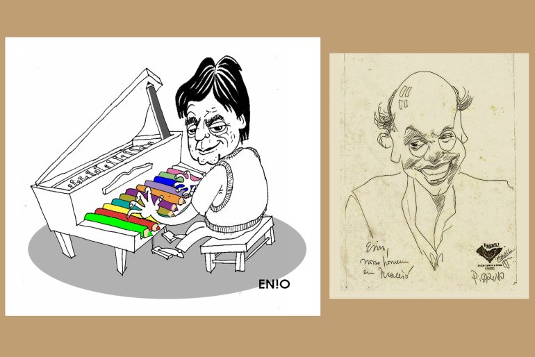 O mestre, ao piano, desenhado pelo aprendiz, e o aprendiz, achando graça, desdenhado pelo mestre